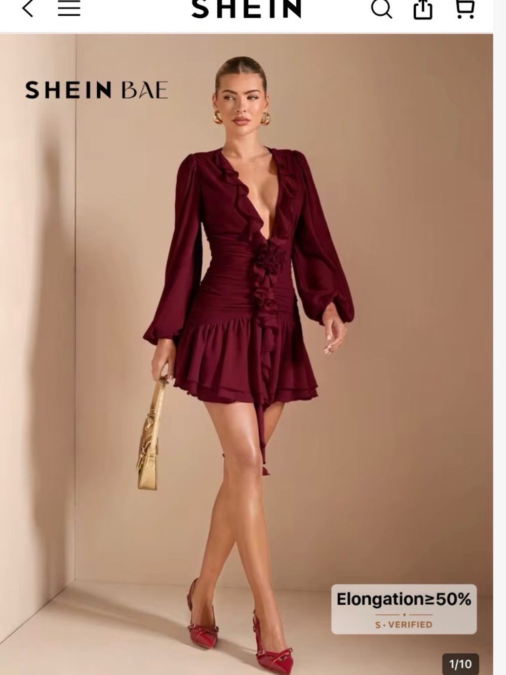 SHEIN Burgundy Ruffle Wrap Mini Dress